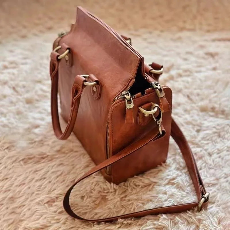 Bolso de mujer de diseñador vintage de gran capacidad, bolso de mano de cuero rígido, bolso tote retro marrón con ranura para tarjetas