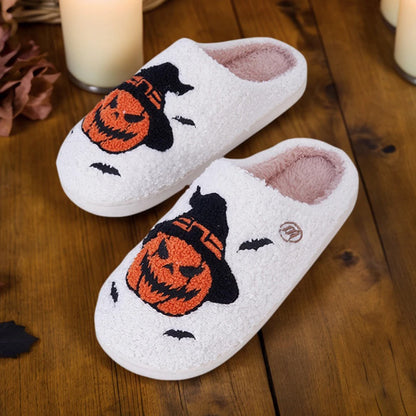 Halloween Pumpkin Slippers Furry Pumpkin Bat Slippers Comfortable Fuzzy Witch Hat Pumpkin Slippers Anti Slip for Indoor Bedroom