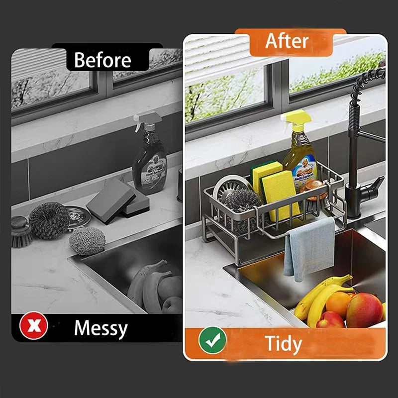 Stainless Steel Faucet Caddy - 2-Tier Sponge Holder for Kitchen Sink, Dish Soap & Scrubber Organizer, Drying Rack with Drain Tra