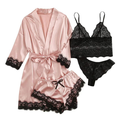Romantic Bliss: Lace Satin 4-Piece Pajama Set