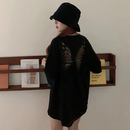 2025 Summer Perspective Lace Butterfly Hollow Out Tshirts Street Fashion Backless T Shirt Women Loose Sexy Club Tee Shirts Top