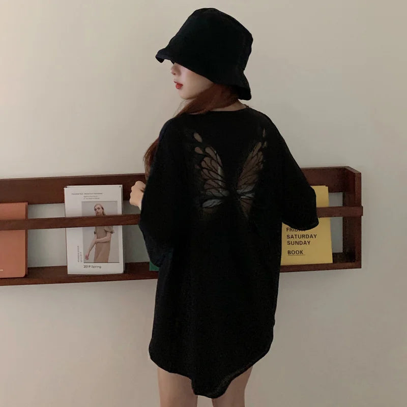 2025 Summer Perspective Lace Butterfly Hollow Out Tshirts Street Fashion Backless T Shirt Women Loose Sexy Club Tee Shirts Top
