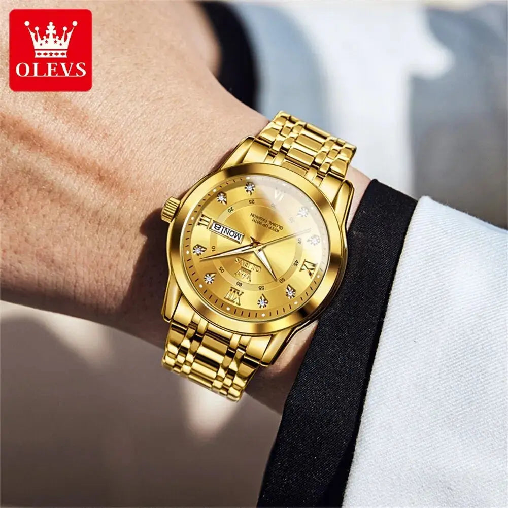 OLEVS Reloj de cuarzo para hombre con diamantes de lujo y oro, resistente al agua