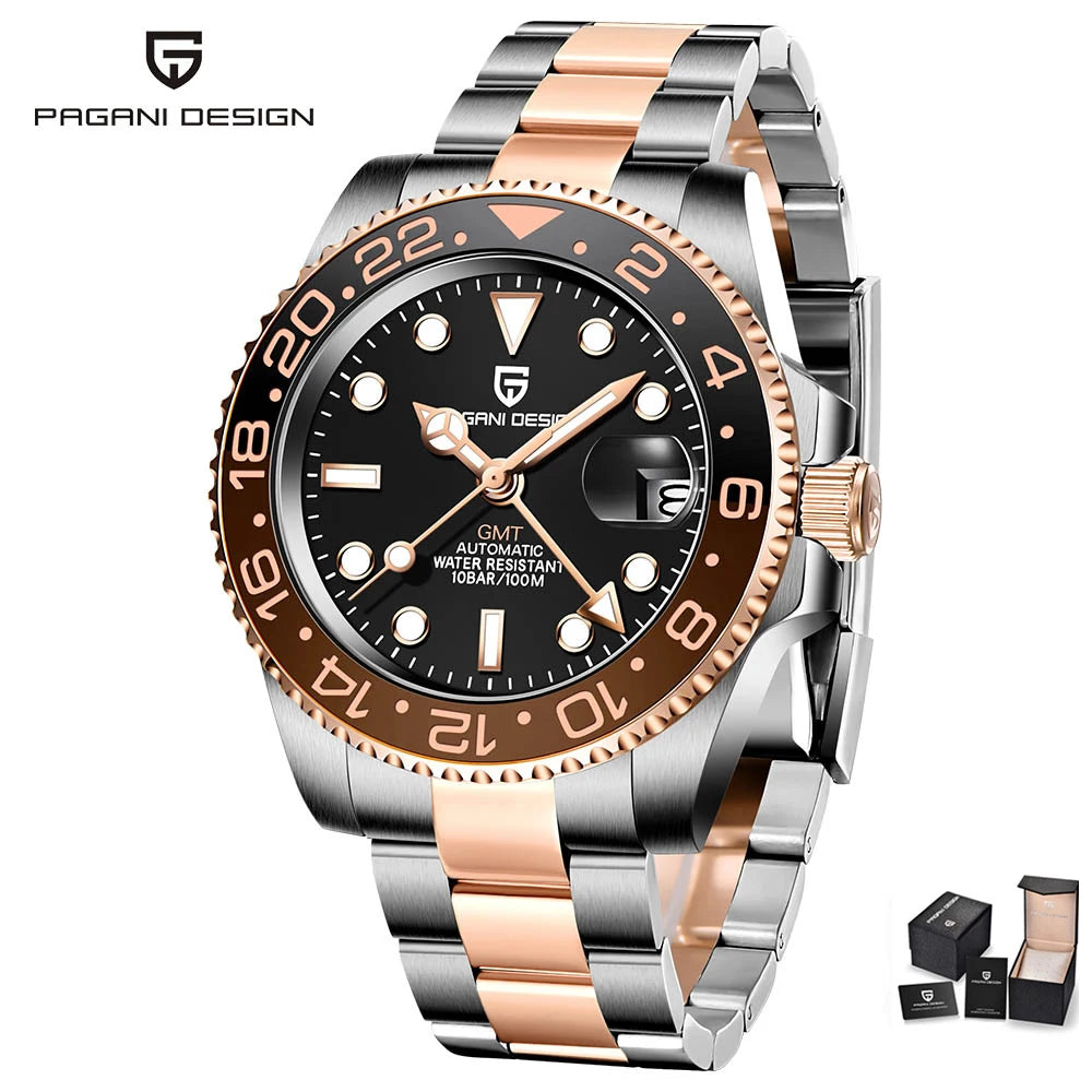 ELEGANCE® P1662 Men Watch Automatic Mechanical GMT Wristwatch Sapphire Glass Stainless Steel 100M Waterproof PAGANI DESIGN Men Watch Store