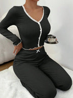2025 Autumn Winter Homewear Pajamas Set for Women Long Sleeves Shirt Trousers 2 Pieces Sexy Lace Pijamas Sleepwear Loungewear South Bay Evans General Store