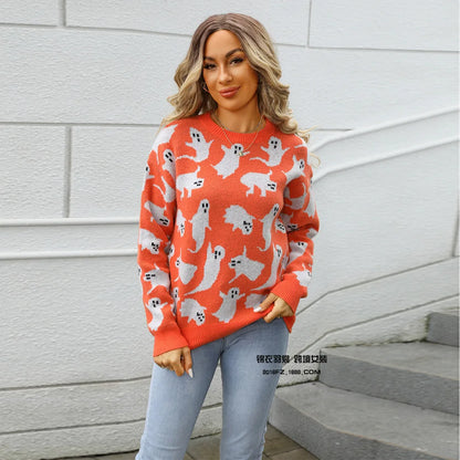 Women Pullover Halloween Sweaters Ghost Print Jumpers Long Sleeves O Neck Loose Slight Strech Casual Office Lady 2025 Autumn