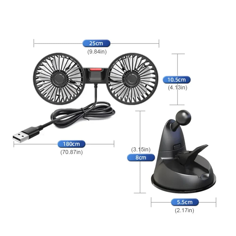USB 5V Auto Ventilation Fan Dual Head Car Suction Cup Fan 360 Degree Rotation Adjustable 3 Speeds Car Electrical Appliances