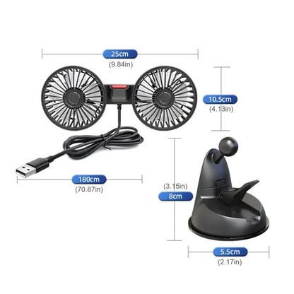 USB 5V Auto Ventilation Fan Dual Head Car Suction Cup Fan 360 Degree Rotation Adjustable 3 Speeds Car Electrical Appliances