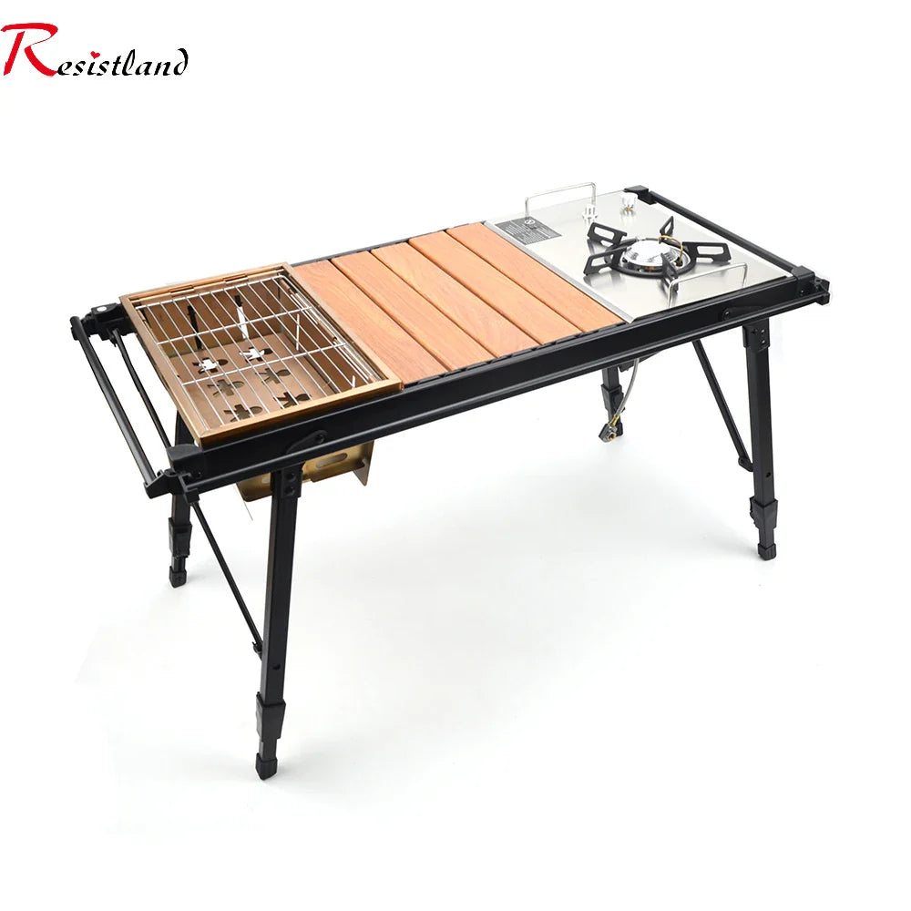 Portable IGT Wood Camping Table with Removable Gas Stove and BBQ Grill Stone's Store