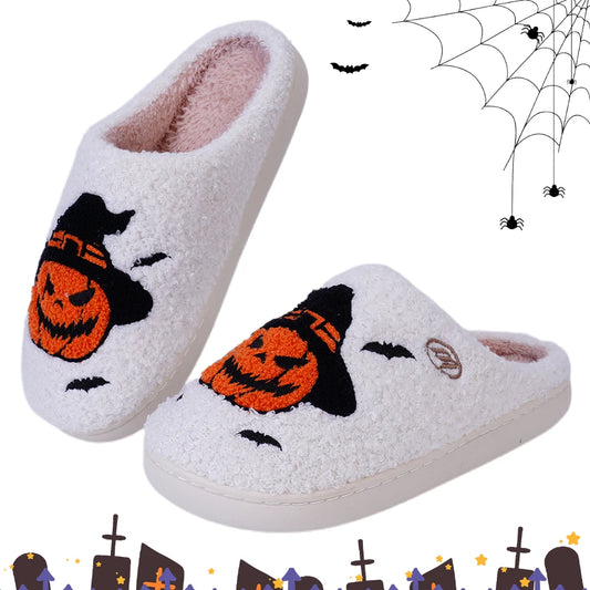 Halloween Pumpkin Slippers Furry Pumpkin Bat Slippers Comfortable Fuzzy Witch Hat Pumpkin Slippers Anti Slip for Indoor Bedroom