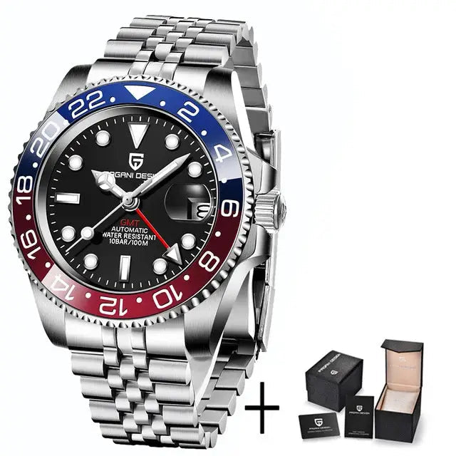 ELEGANCE® P1662 Men Watch Automatic Mechanical GMT Wristwatch Sapphire Glass Stainless Steel 100M Waterproof PAGANI DESIGN Men Watch Store