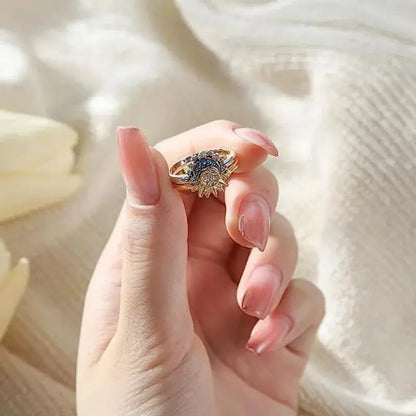 2pc/set Summer Couple Ring Set Sky Blue Sparkling Moon and Sun Ring