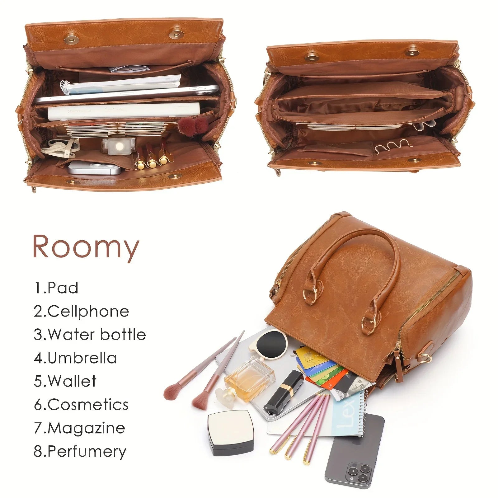 Vintage Large Capacity Designer Women's Bag Hard Leather Handbag Retro Brown Tote Bag With Card Slot
