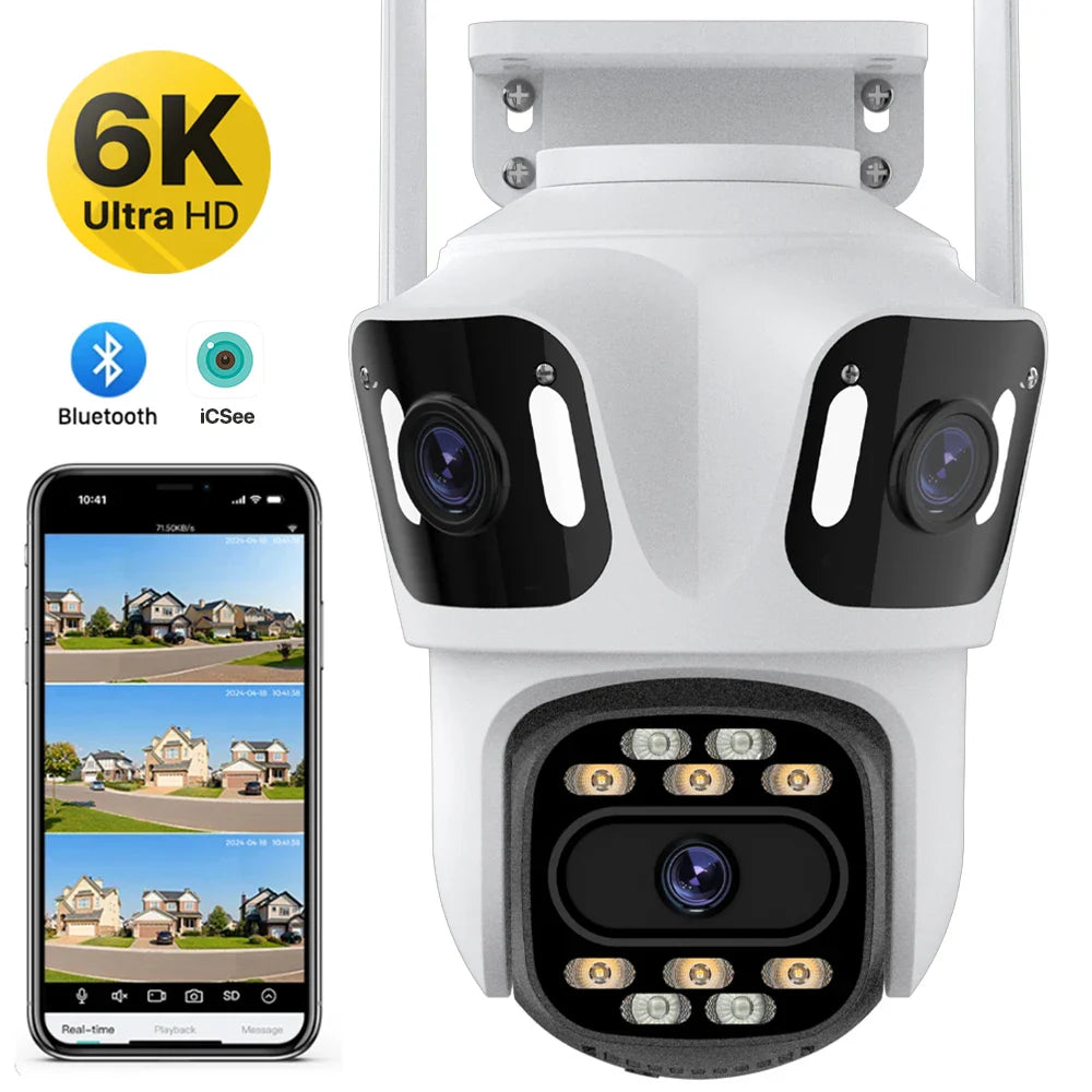 Three Lens PTZ IP Camera Outdoor 6K HD Three Screen WiFi Security Camera Auto Tracking 4K Dual Len Wirelss CCTV Camera iCsee Stone's Store
