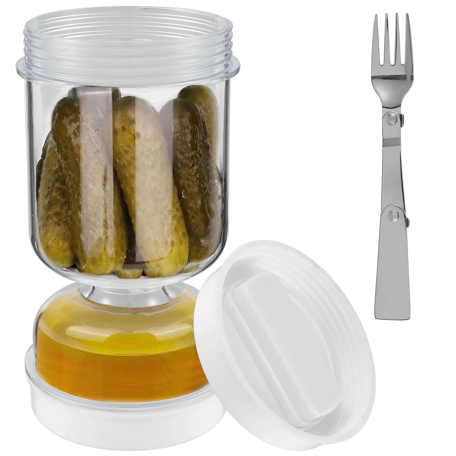 Tarro de encurtidos con tenedores, dispensador de pepinillos y aceitunas, tarro de reloj de arena, recipiente para pepinos, herramienta separadora de zumo para cocina