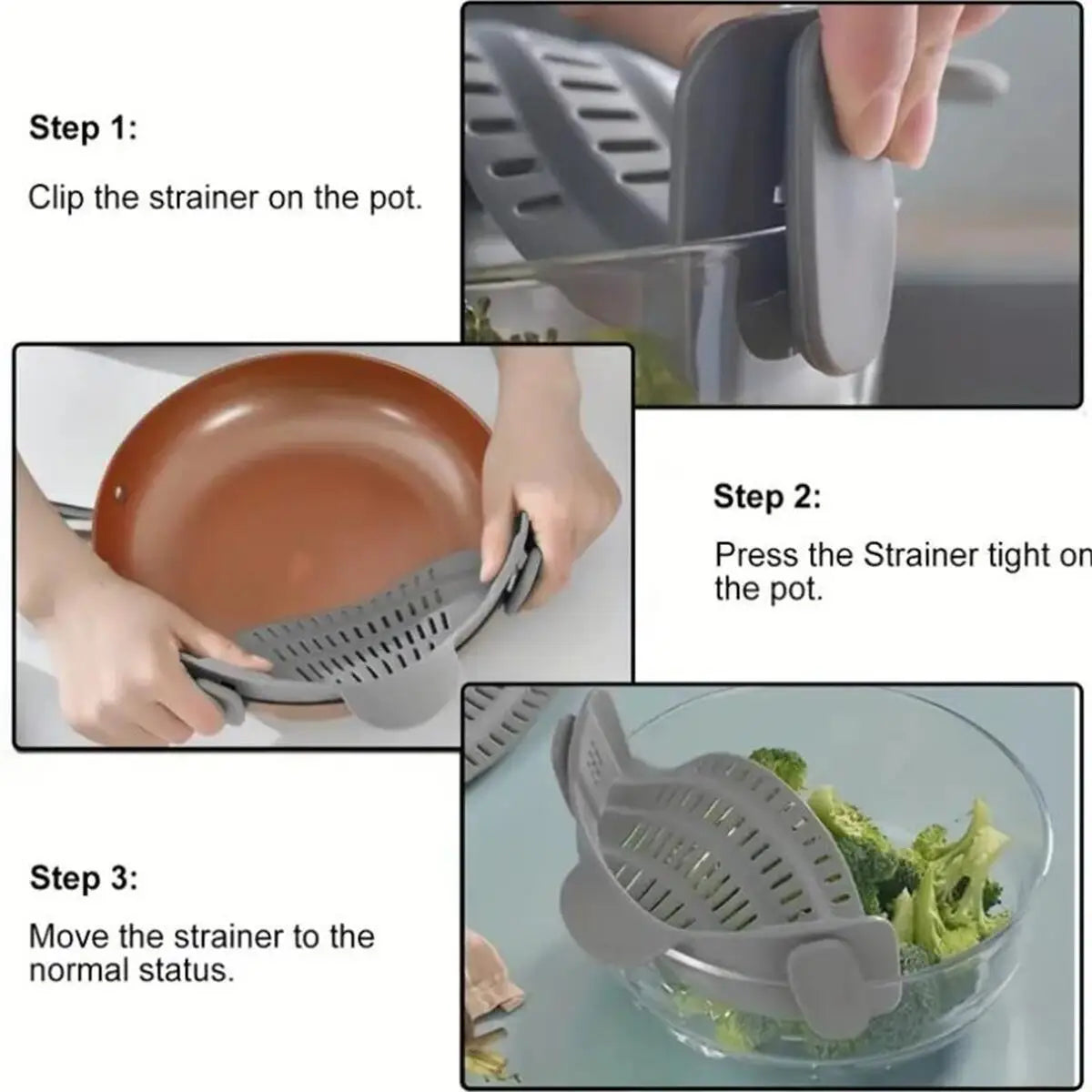 ClipFlow™ Adjustable Pot Strainer – Universal Cookware Drainer