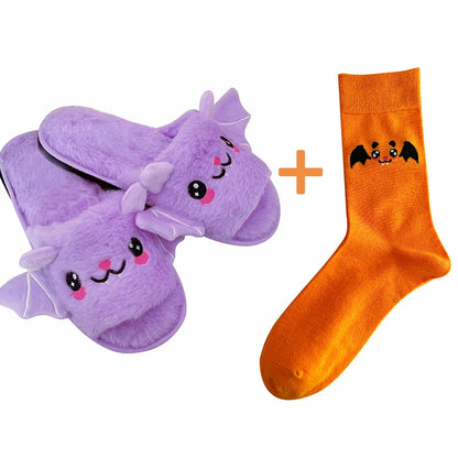 Halloween New Bat Plush Shoes Lightweight Home Fuzzy Slippers Women Men Flip Flops Cartoon Kid Adults Flat Slides for Party