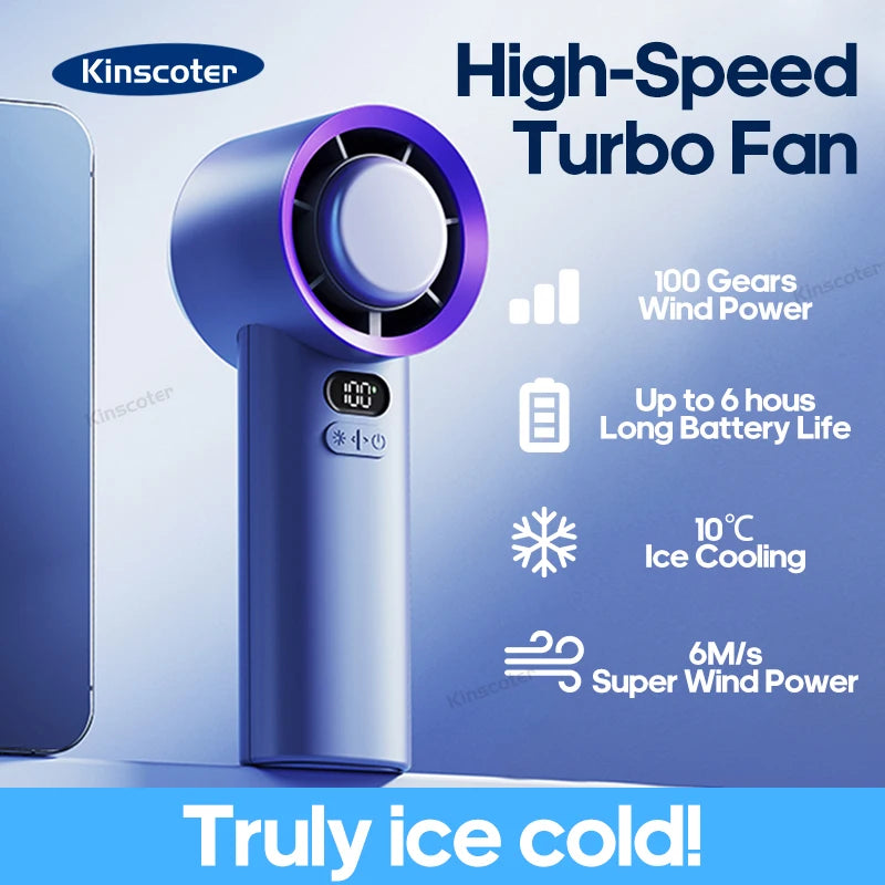Ventilador portátil KINSCOTER de mano con turbina, 100 velocidades de viento ajustables, mini ventilador personal, funciona con pilas, ventilador eléctrico para pestañas