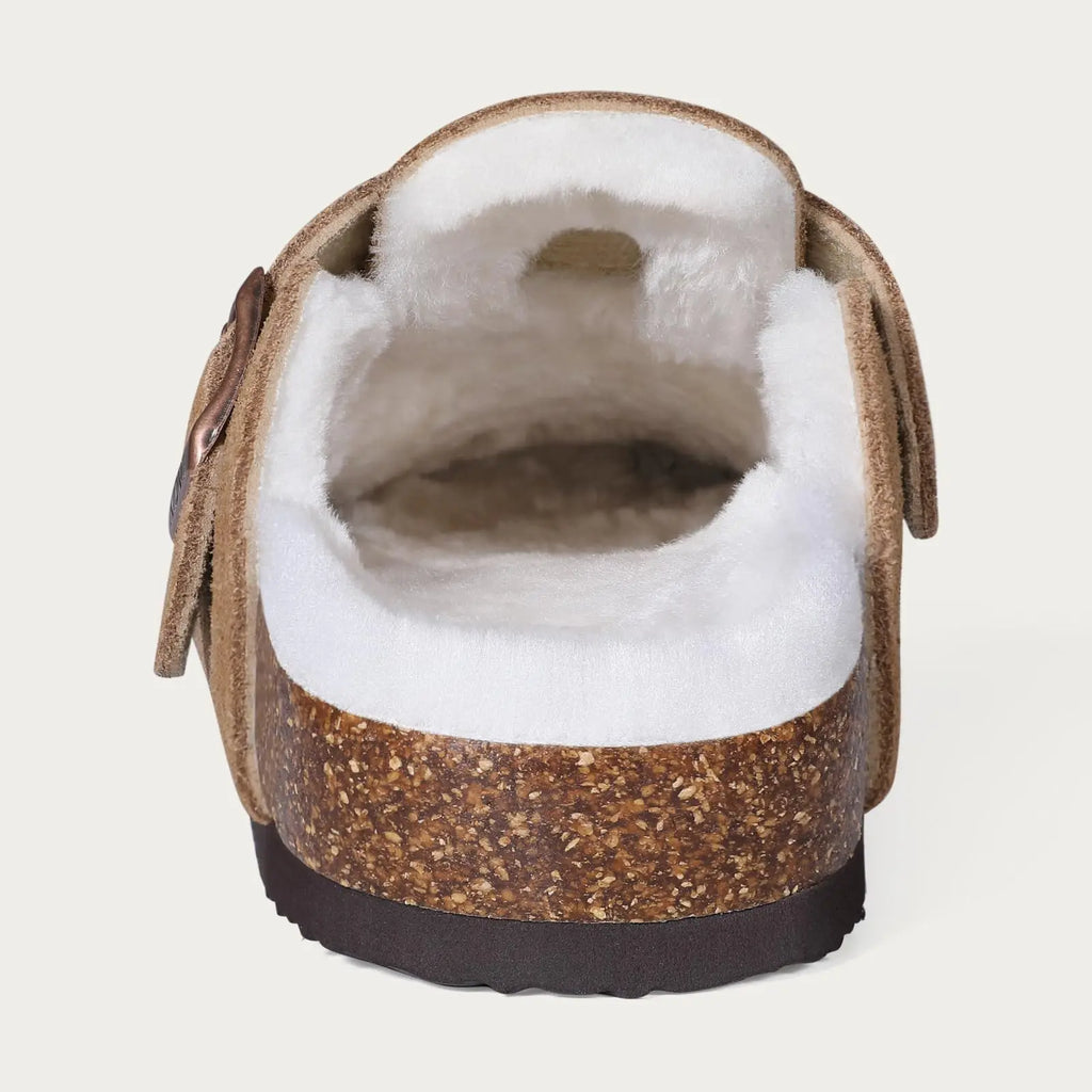 Pantuflas Zuecos de Gamuza y Piel para Mujer Shevalues, Plantilla Clásica de Corcho, Mules Peludas, Pantuflas de Invierno de Felpa, Pantuflas Planas de Corcho Cálidas para Exteriores