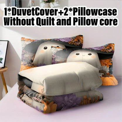 3pcs Halloween Pumpkin Monster Duvet Cover Set without Core 1Quilt Cover 2 Pillowcases Soft Floral Duvet Cover Set for Bedroom