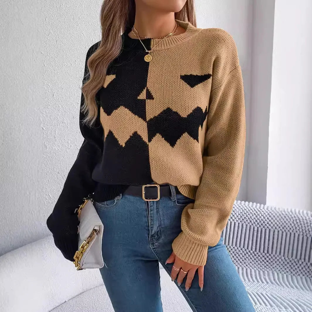 Halloween Asymmetric Color Block Sweater Jack O Lantern Face Pullover Crewneck Knit Top