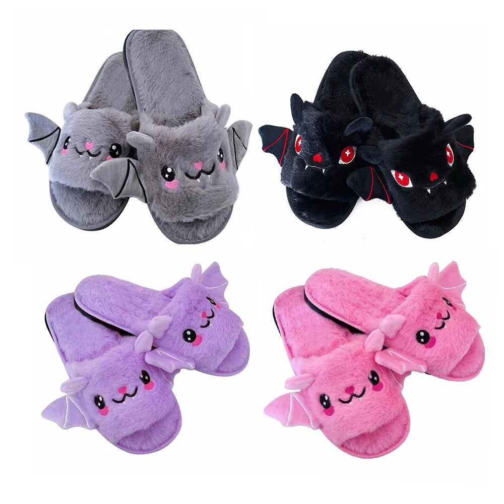 Halloween New Bat Plush Shoes Lightweight Home Fuzzy Slippers Women Men Flip Flops Cartoon Kid Adults Flat Slides for Party