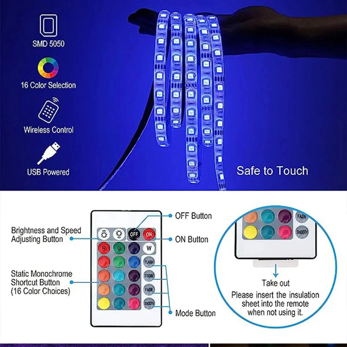 Tira de luces LED RGB 5050, control por aplicación Bluetooth, cinta LED USB de 5V