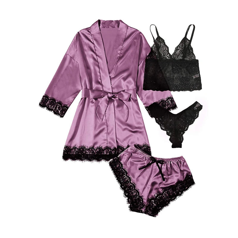 Romantic Bliss: Lace Satin 4-Piece Pajama Set