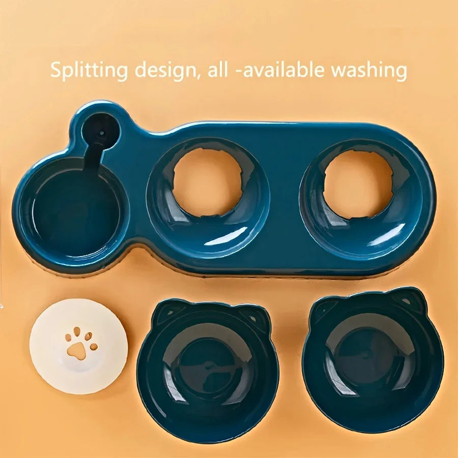 Pet Bowls With Water Feeder, 3 In 1 Ear Design Tilted Cat Water And Food Bowl Set With Gravity Water Bottle For Neck Protection Archie Pets Store