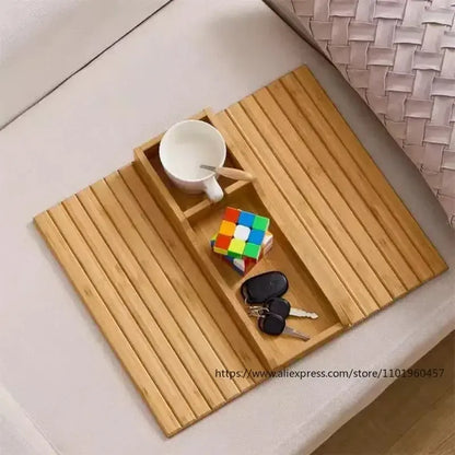 Couch Cup Holder Natural Anti-Slip Bamboo Sofa Armrest Tray Foldable