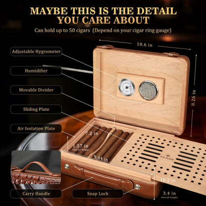 Cigar Humidor Case with Hygrometer, Humidor Box, Humidifier, Divider, Travel Cigar Case,Cedar Wood, Hold up to 50 Cigars XIFEI Official Store