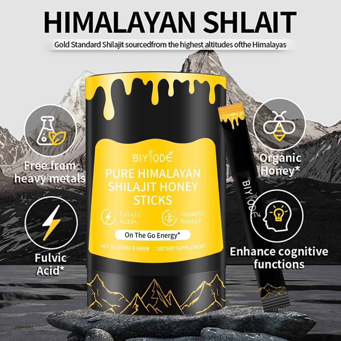 【BIYODE】Shilajit Honey Sticks - 100% Pure Natural Energy Boost Stick - 1.76 Oz Stick