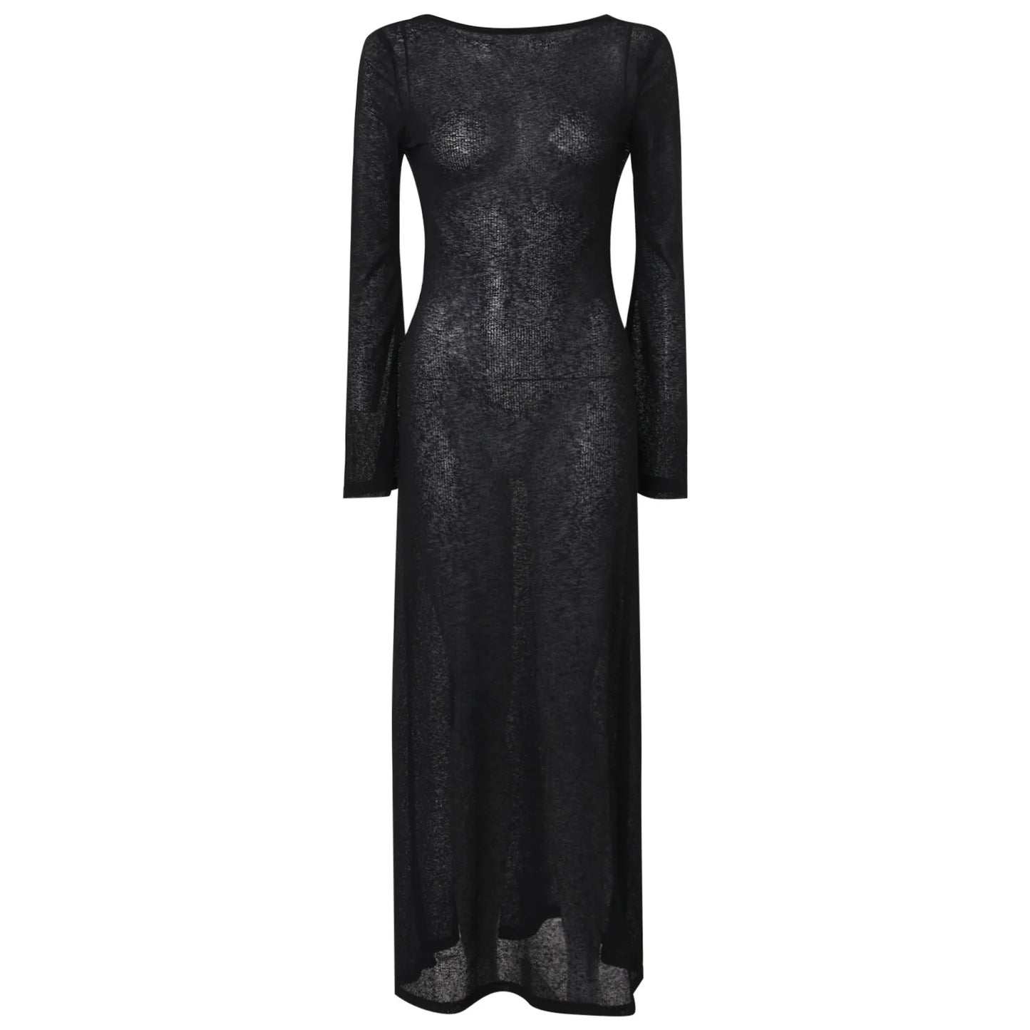 Sexy Women Long Knit Sleeve Bikin Backless Solid Dresses Fashion Cover Up Female See-Through Hollow-Out Beach Knitwear Dress