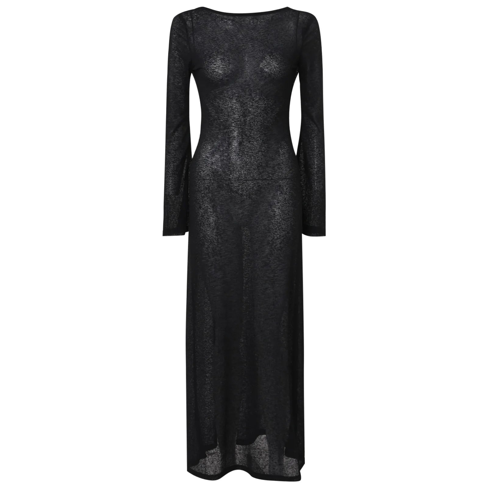 Sexy Women Long Knit Sleeve Bikin Backless Solid Dresses Fashion Cover Up Female See-Through Hollow-Out Beach Knitwear Dress