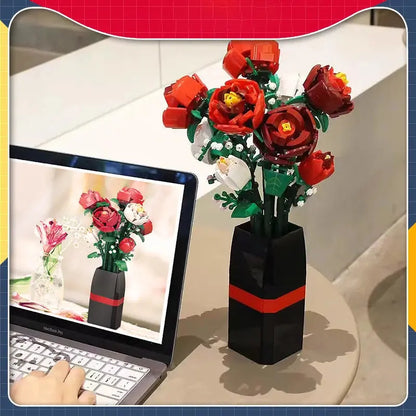 Creative Red Rose Vase Plants Model Building Blocks Moc Romantic