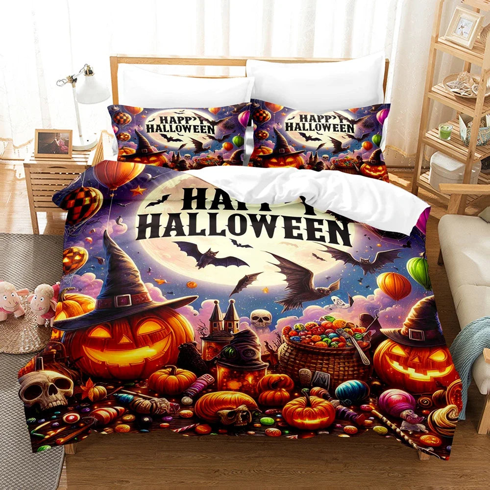 Juego de cama Feliz Halloween Impresión digital 3D Juego de 2-3 piezas (sin relleno) Adecuado para dormitorio Juego de funda nórdica Decoración de Halloween
