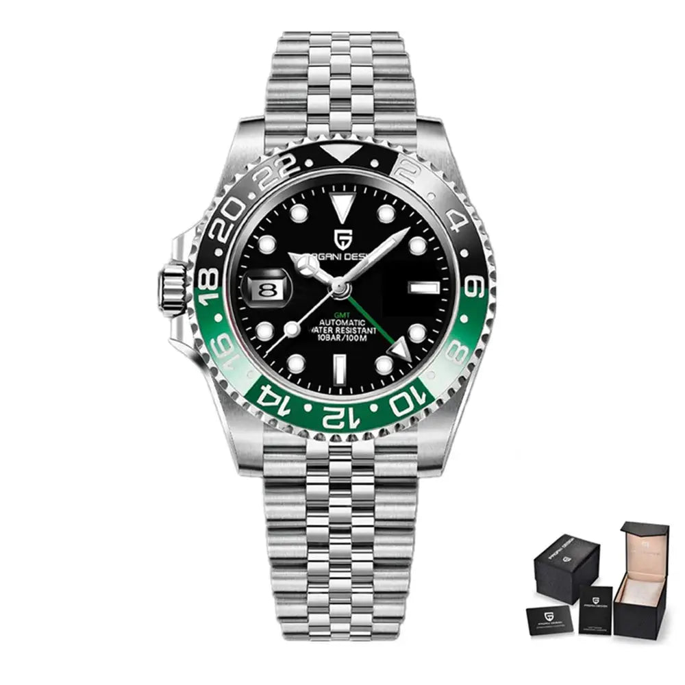 ELEGANCE® P1662 Men Watch Automatic Mechanical GMT Wristwatch Sapphire Glass Stainless Steel 100M Waterproof PAGANI DESIGN Men Watch Store