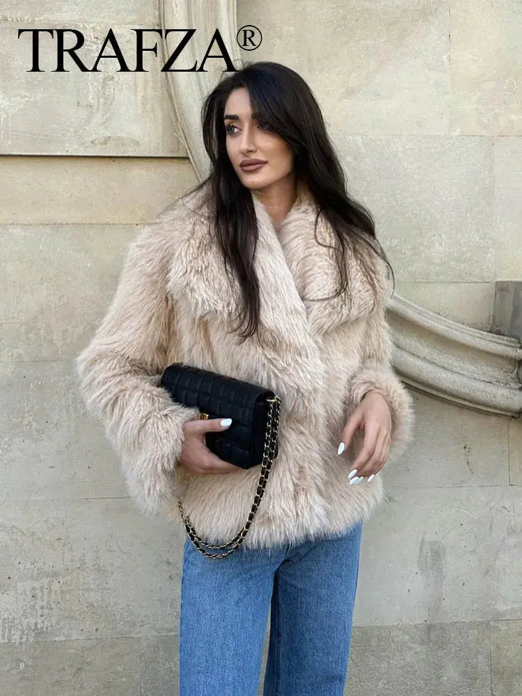 View details for TRAF 2024 Women Fashion Cropped Faux Fur Jacket Coat Long Sleeve Front 