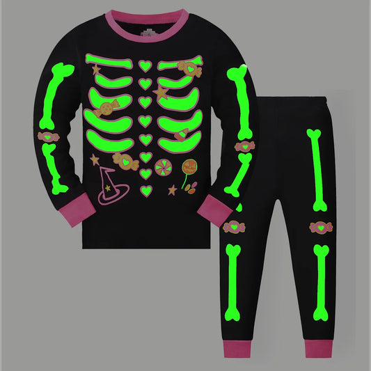 Halloween Luminous long-sleeved and long-pants pajama set for girls, suitable for girls aged 2 to 9