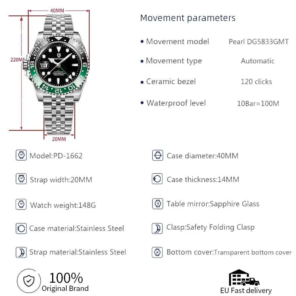 ELEGANCE® P1662 Men Watch Automatic Mechanical GMT Wristwatch Sapphire Glass Stainless Steel 100M Waterproof PAGANI DESIGN Men Watch Store
