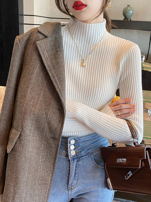 Elegant Solid Basic Knitted Tops Women Turtlneck Sweater Long Sleeve