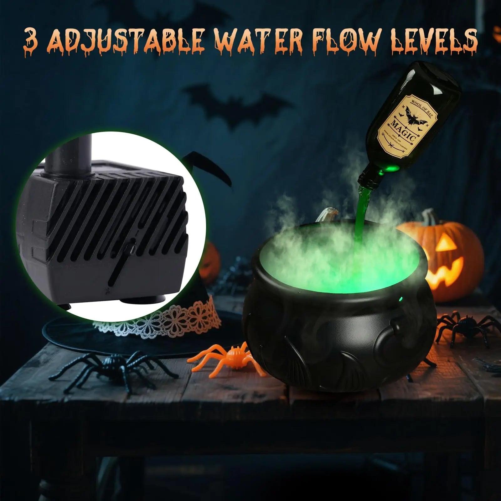 Juego de pociones flotantes DIY con caldero de brujas y vaporizador, decoración de Halloween, cuenco negro vintage espeluznante, decoración de fiesta de Hocus Pocus