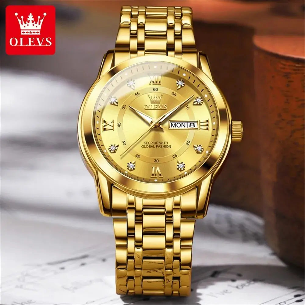 OLEVS Reloj de cuarzo para hombre con diamantes de lujo y oro, resistente al agua