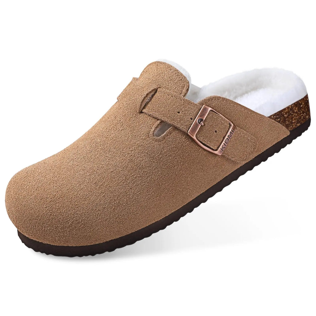 Pantuflas Zuecos de Gamuza y Piel para Mujer Shevalues, Plantilla Clásica de Corcho, Mules Peludas, Pantuflas de Invierno de Felpa, Pantuflas Planas de Corcho Cálidas para Exteriores