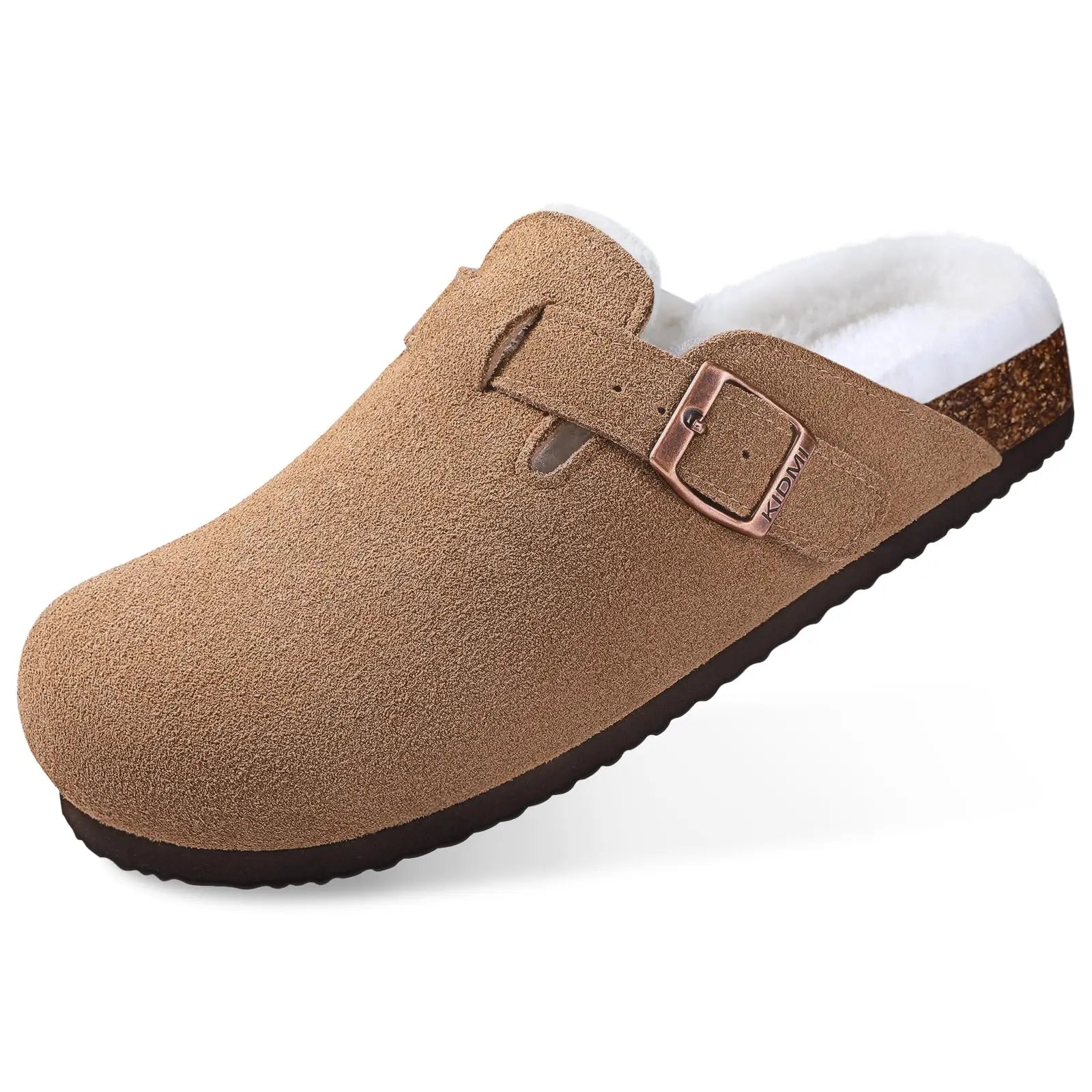 Shevalues Women's Fur Suede Clogs Slippers Classic Cork Footbed Fuzzy Mules Winter Plush Slippers Outdoor Warm Cork Flat Slipper