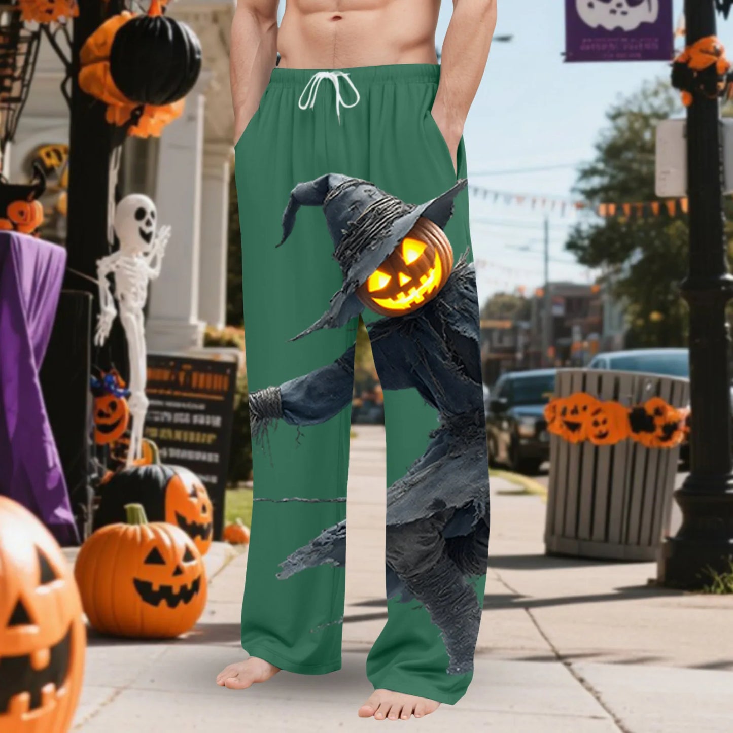 Men'S Halloween Glowing Pumpkin Bogy Printed Pocket Home Clothes Pajama Pants Bottoms Big Slipper