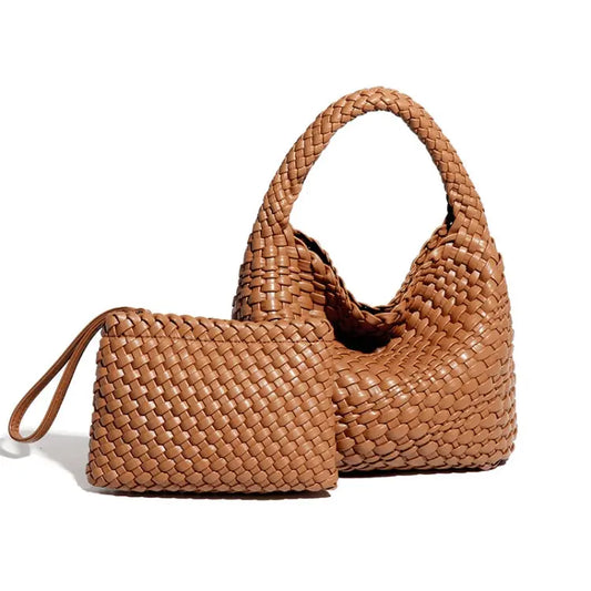 PU Leather Hand-woven Handbag 2 in 1 Single-shoulder Messenger Chocolate Chronos