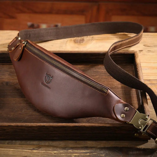 Bull Captain Retro Crazy Horse Leather Men Waist Bag Shoulder Bag Chocolate Chronos