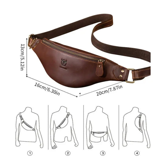 Bull Captain Retro Crazy Horse Leather Men Waist Bag Shoulder Bag Chocolate Chronos