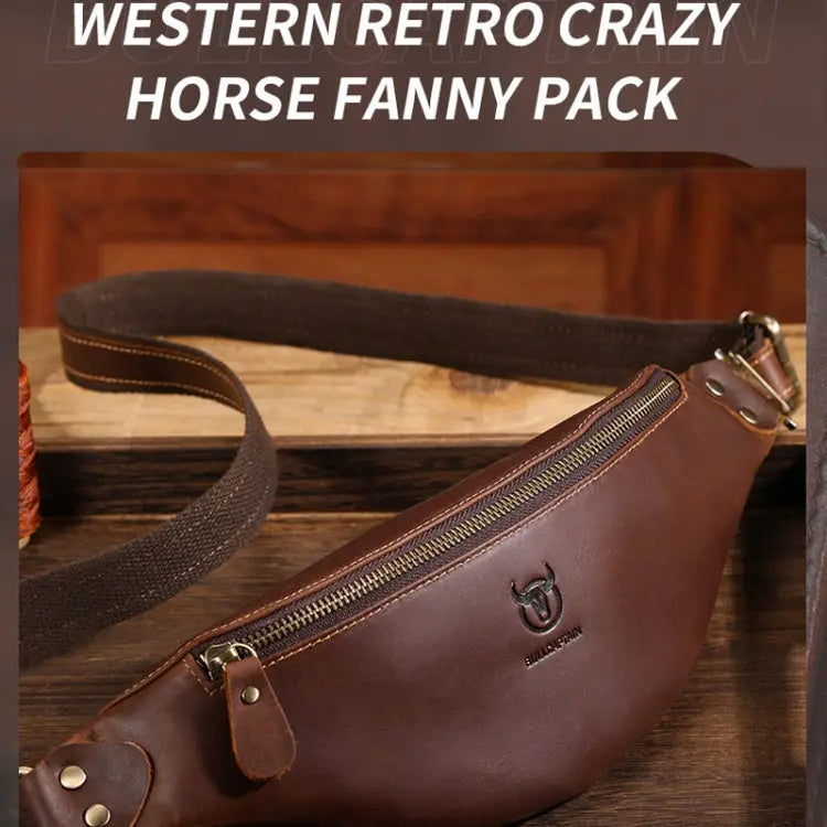Bull Captain Retro Crazy Horse Leather Men Waist Bag Shoulder Bag Chocolate Chronos